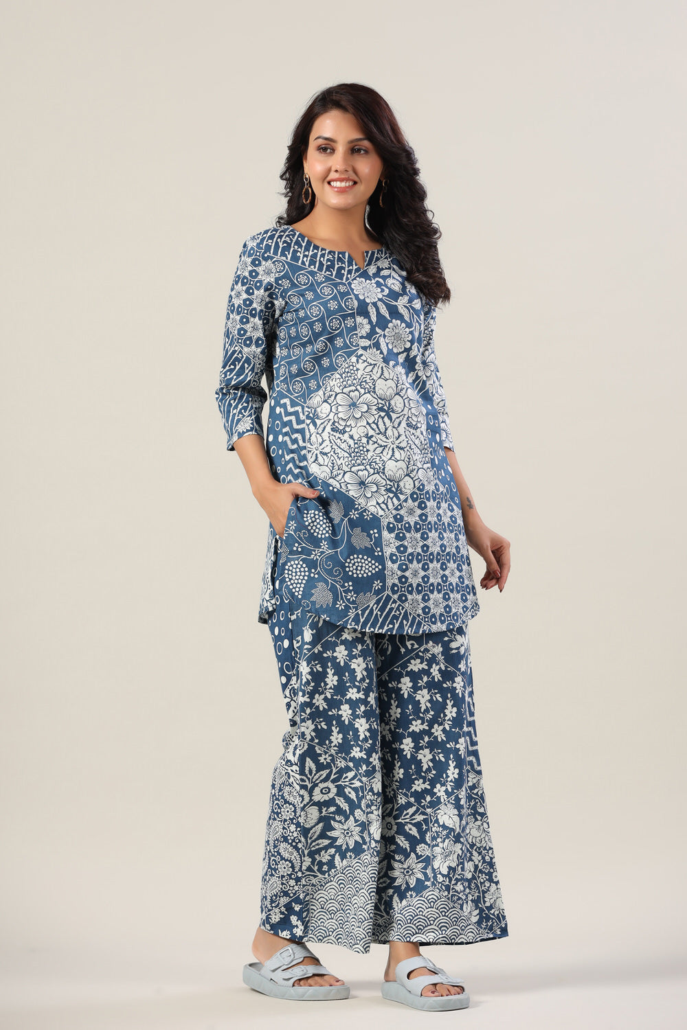 Indigo Patches on Cotton Palazzo Loungewear Set