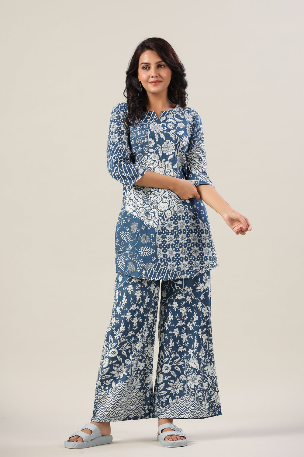 Indigo Patches on Cotton Palazzo Loungewear Set