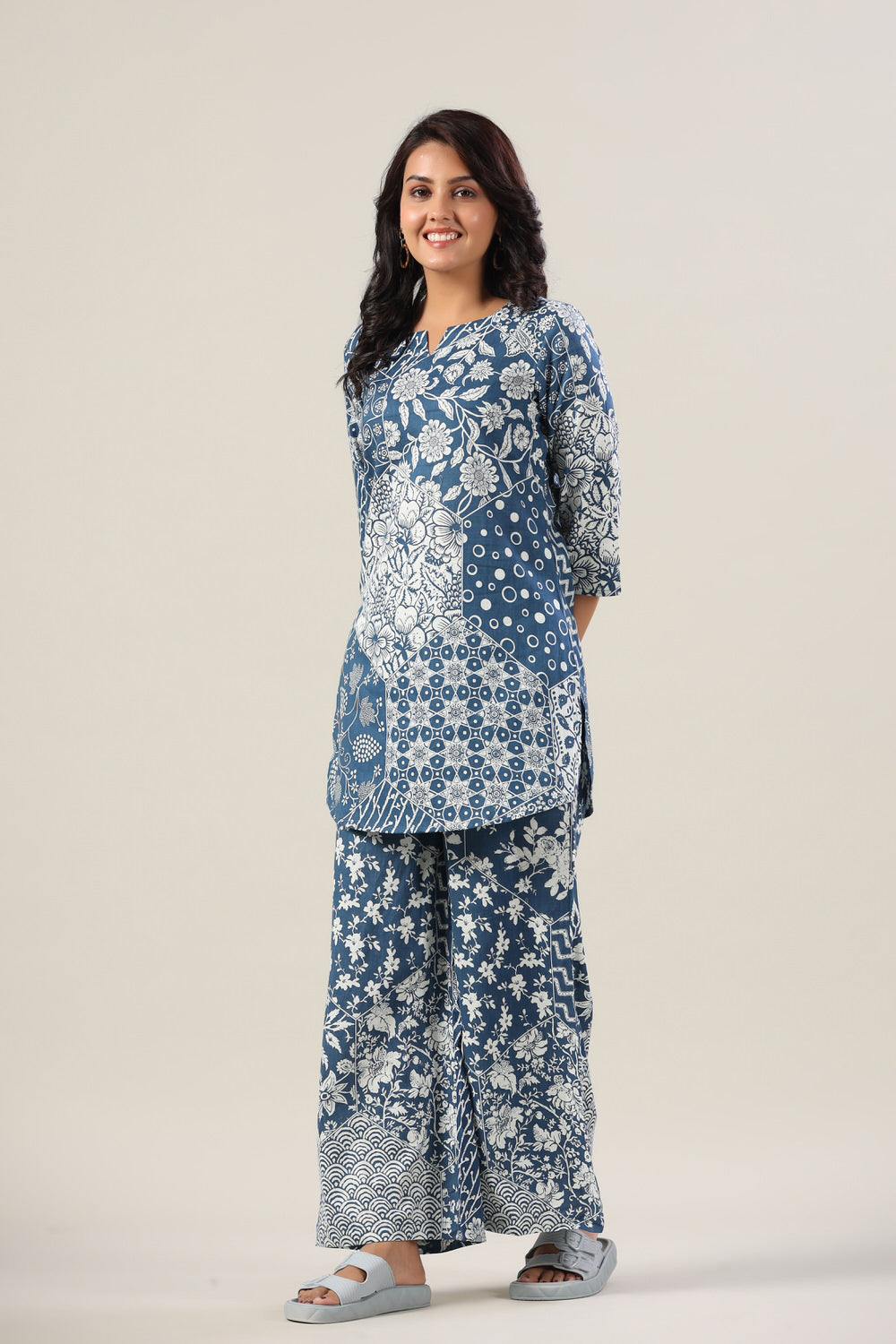 Indigo Patches on Cotton Palazzo Loungewear Set