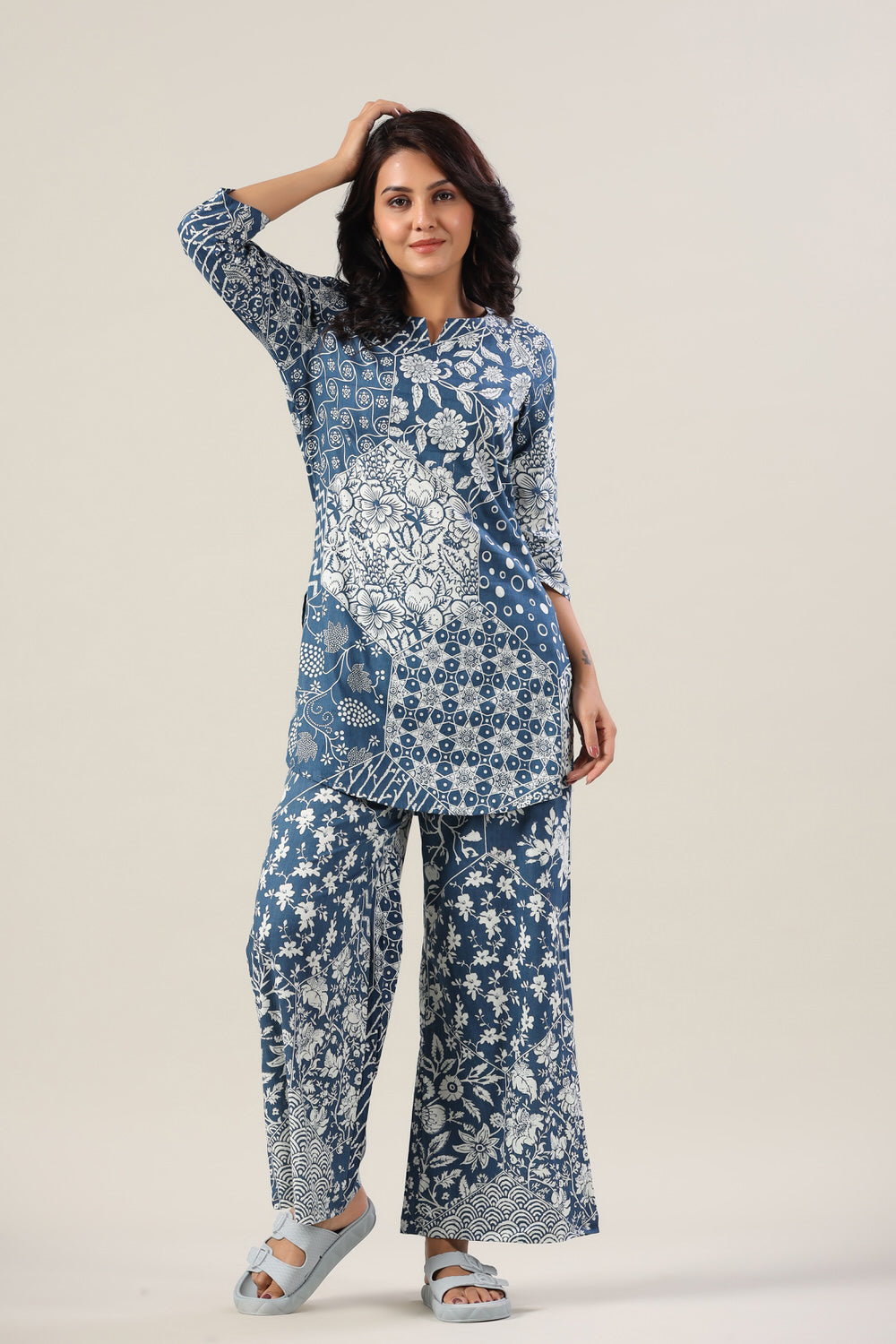Indigo Patches on Cotton Palazzo Loungewear Set