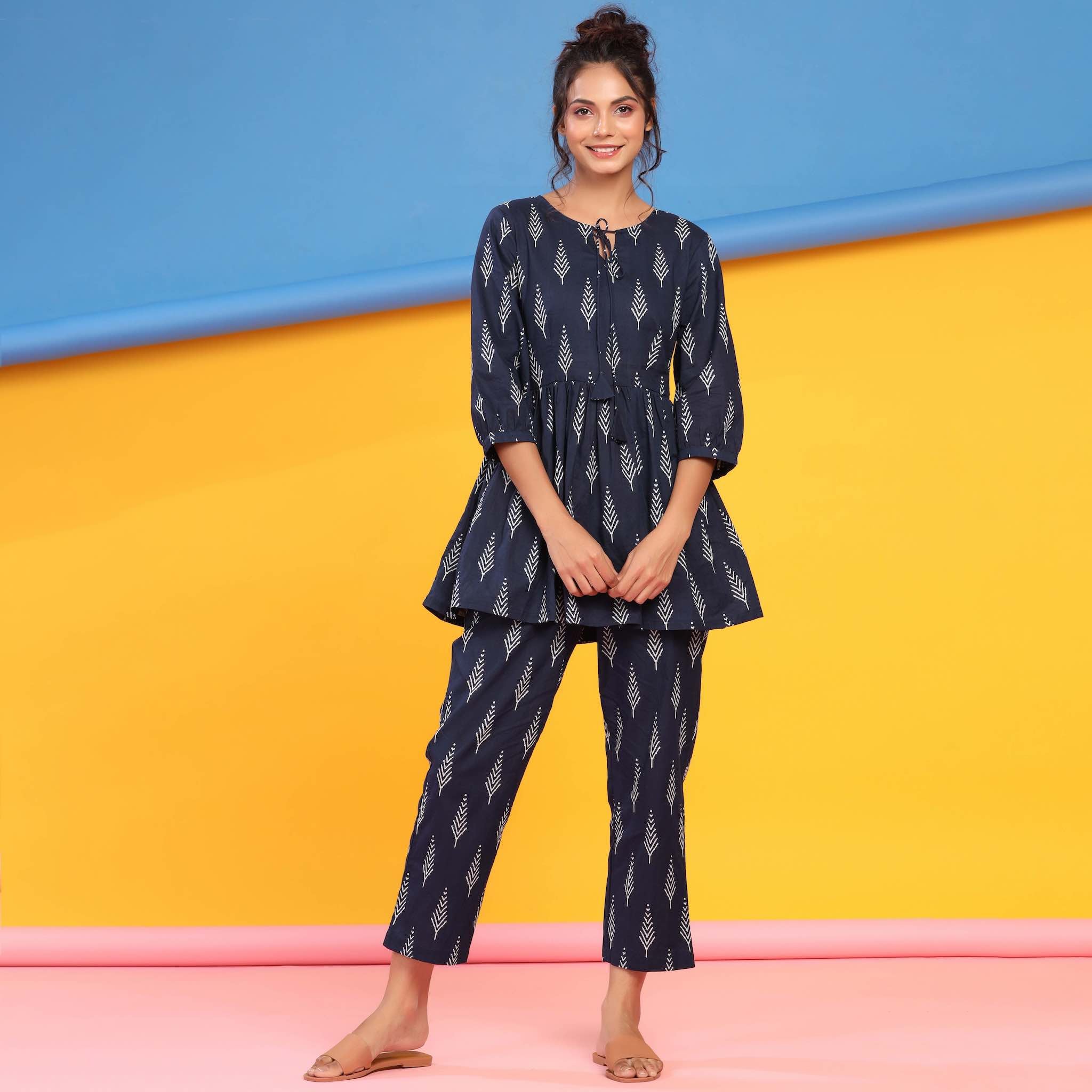 Tropical Leaves on Blue Peplum Cotton Loungewear Top Set
