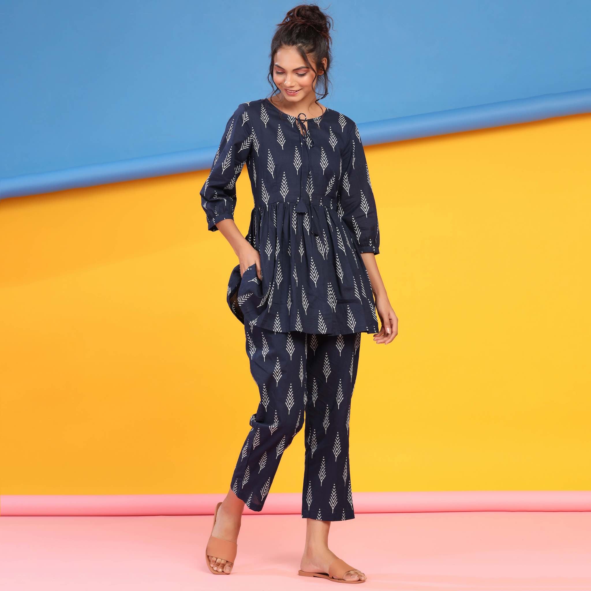 Tropical Leaves on Blue Peplum Cotton Loungewear Top Set