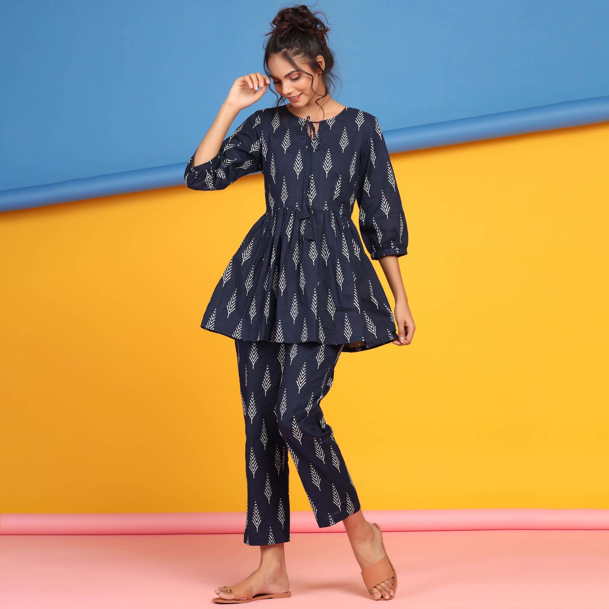 Tropical Leaves on Blue Peplum Cotton Loungewear Top Set