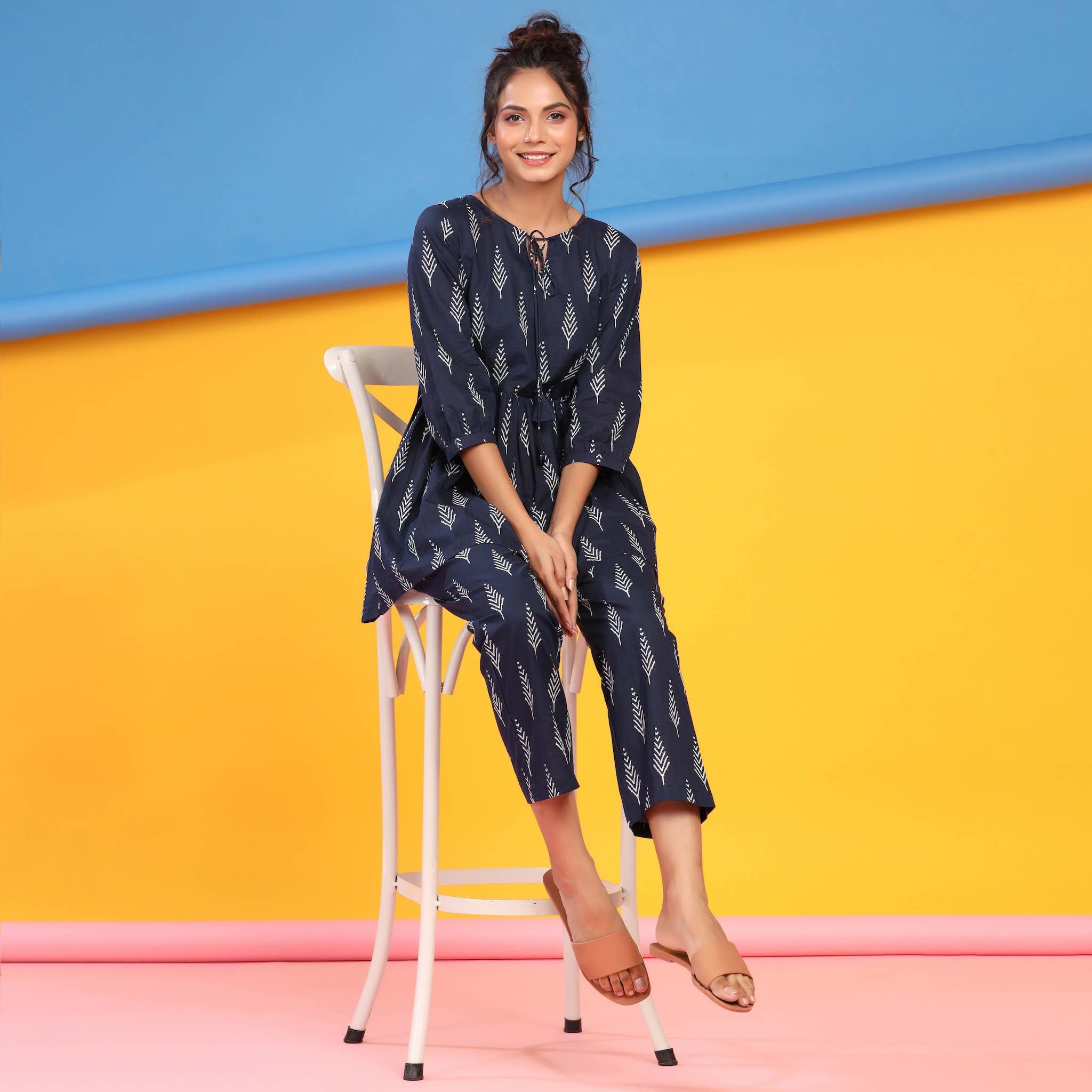 Tropical Leaves on Blue Peplum Cotton Loungewear Top Set