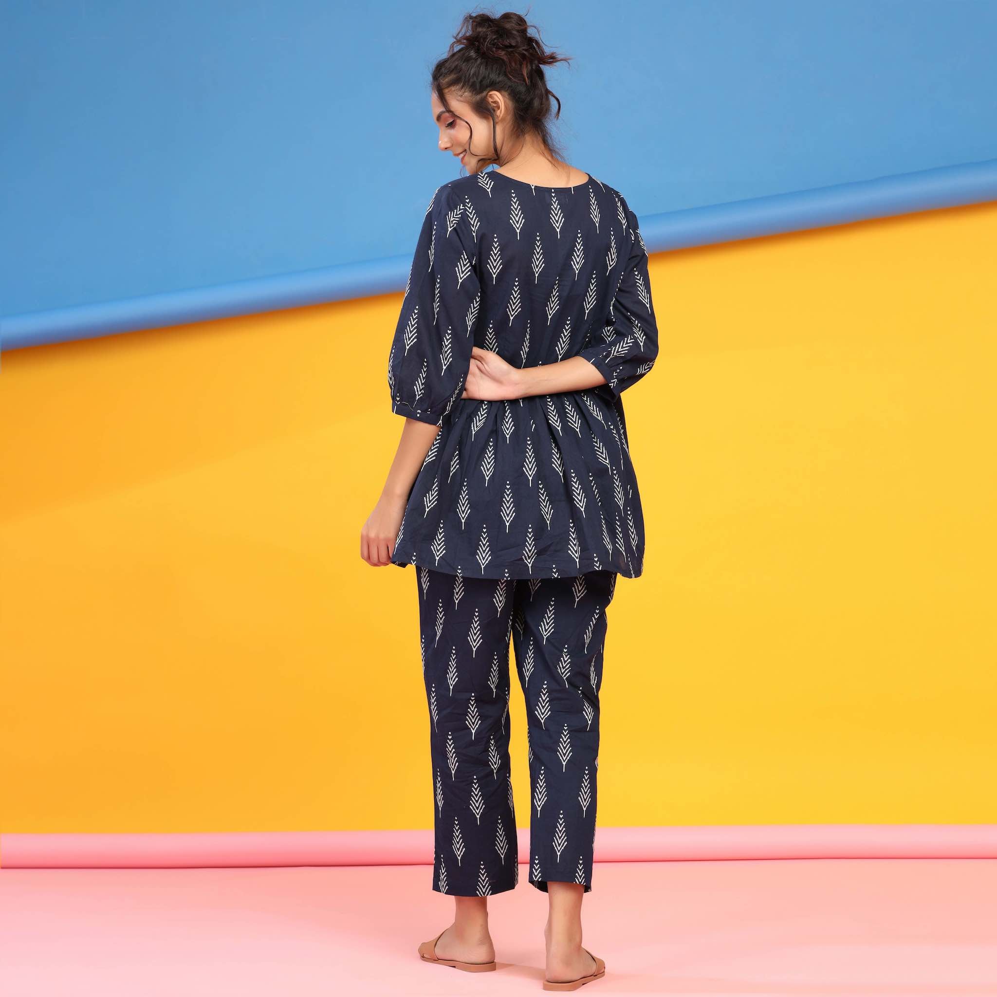 Tropical Leaves on Blue Peplum Cotton Loungewear Top Set