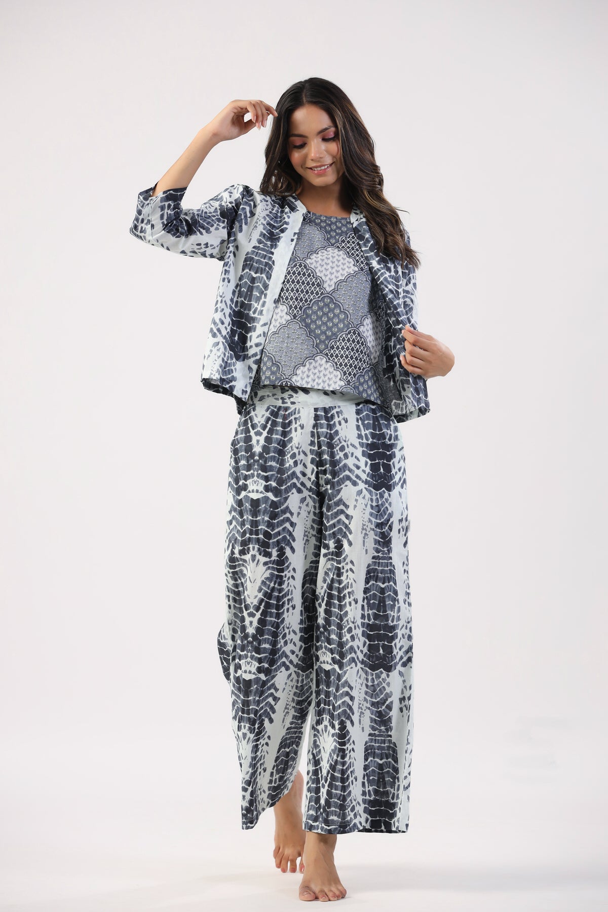 Ink and Ivory Shibori Cotton Three Piece Set