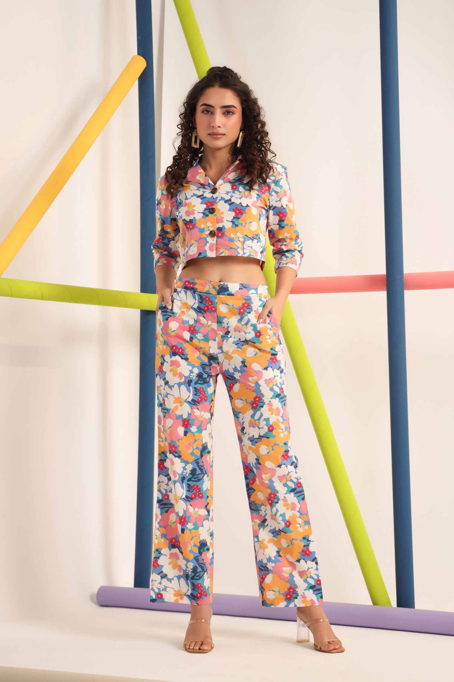 Beige and Mustard Shade Cotton Floral Printed Short Co-Ord Set main image 0