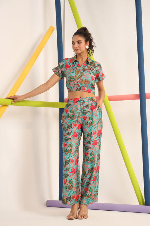 Robin teal Muslin Silk Crop Top Set
