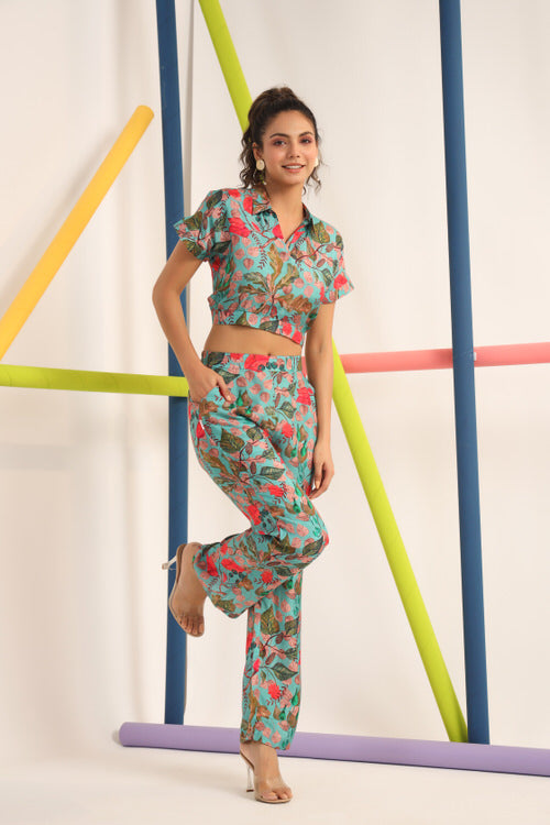 Robin teal Muslin Silk Crop Top Set