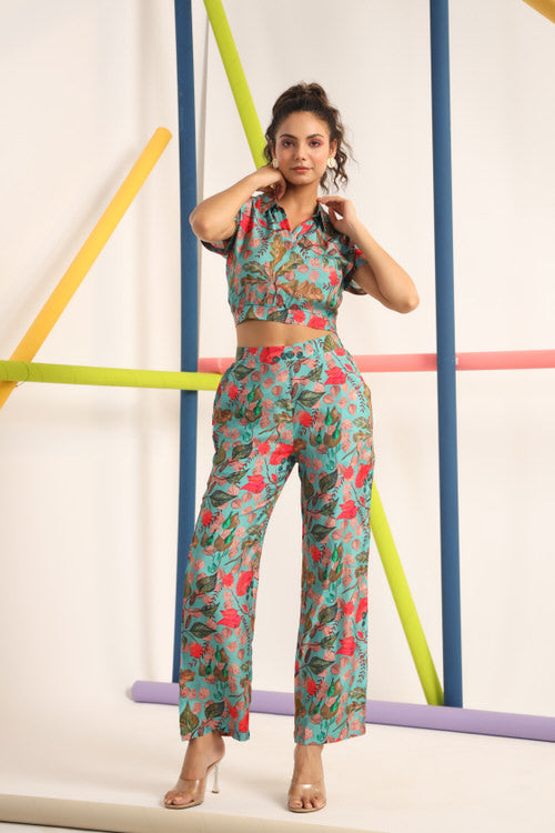 Robin teal Muslin Silk Crop Top Set