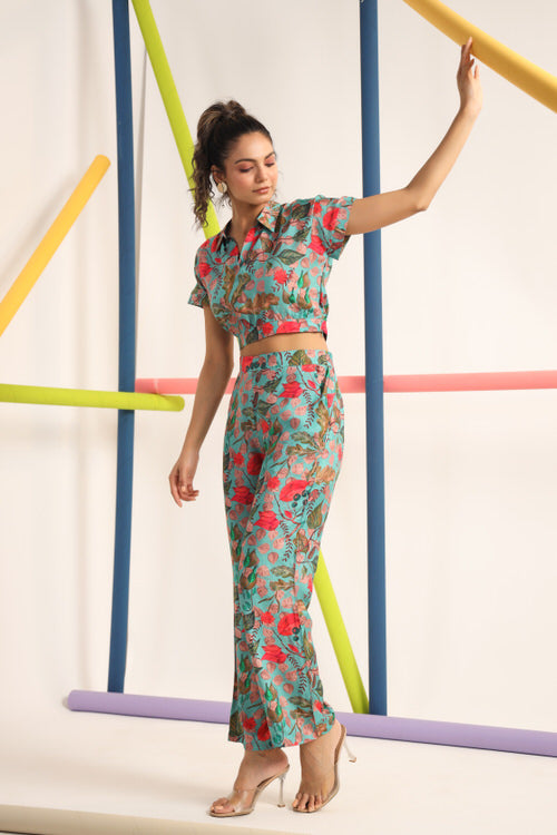 Robin teal Muslin Silk Crop Top Set