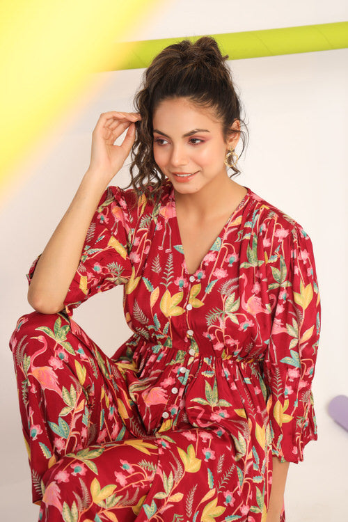 Flamingo on Maroon Russian Silk Co-ord Set