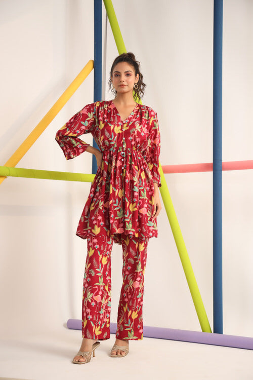 Flamingo on Maroon Russian Silk Co-ord Set