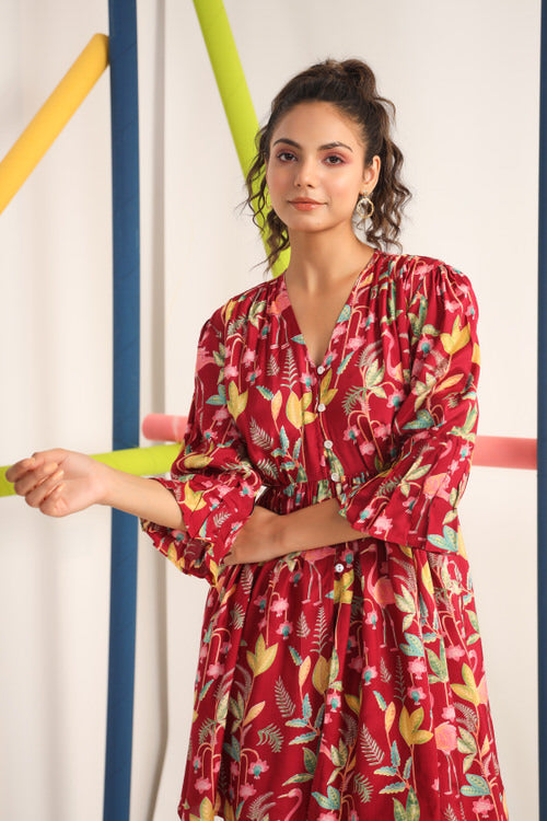 Flamingo on Maroon Russian Silk Co-ord Set