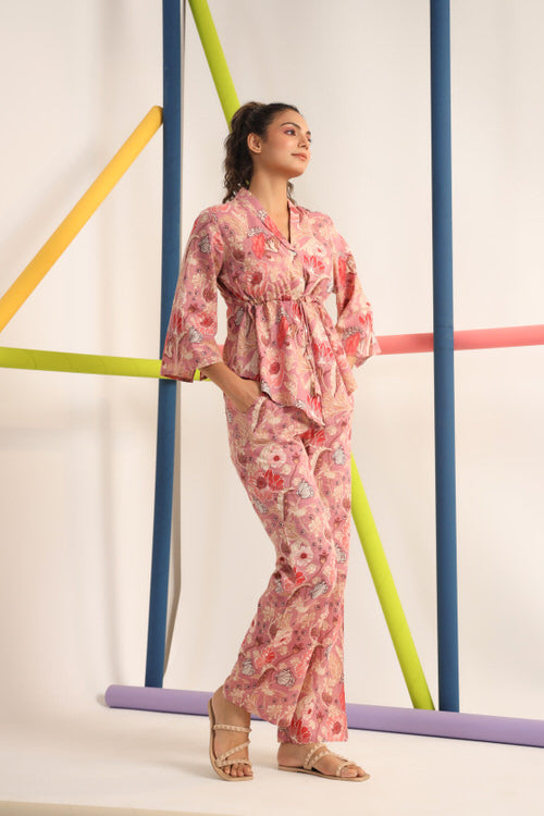 Chrysanthemum on Pink Muslin Silk Co-ord Set