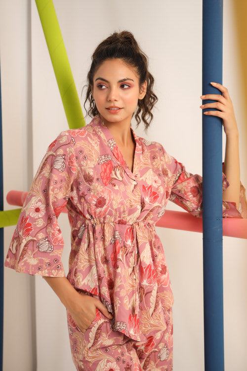 Chrysanthemum on Pink Muslin Silk Co-ord Set