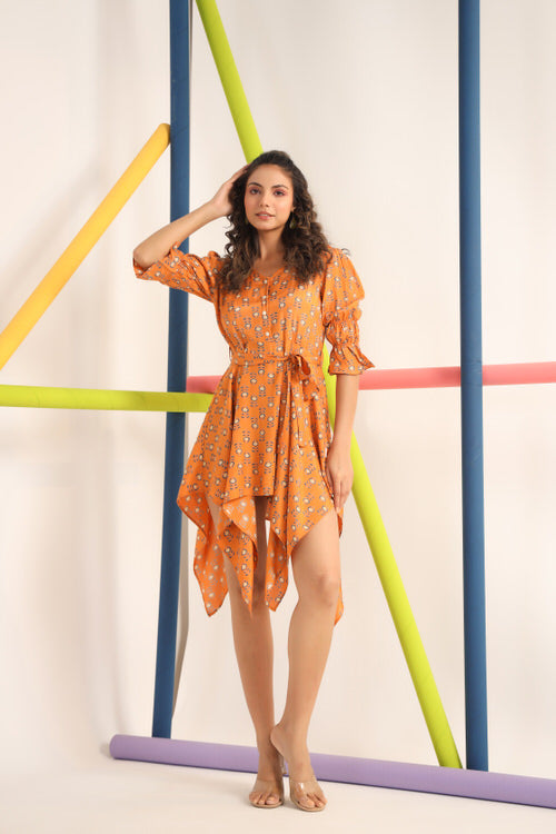 Motif on Orange Russian Silk Mini Dress