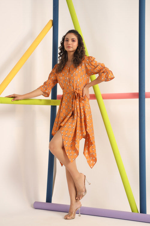 Motif on Orange Russian Silk Mini Dress