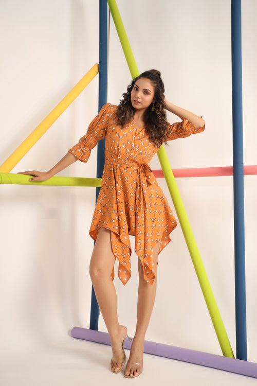 Motif on Orange Russian Silk Mini Dress