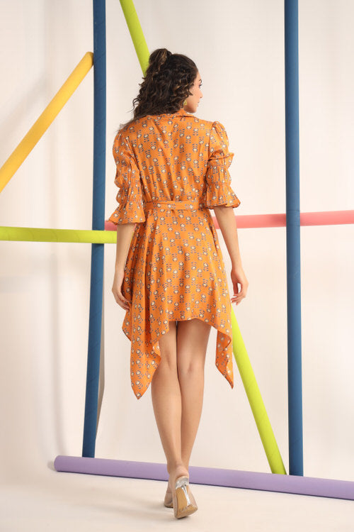 Motif on Orange Russian Silk Mini Dress
