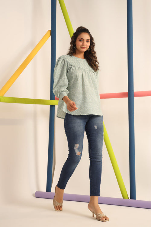 Mint Green Zigzag Cotton Top