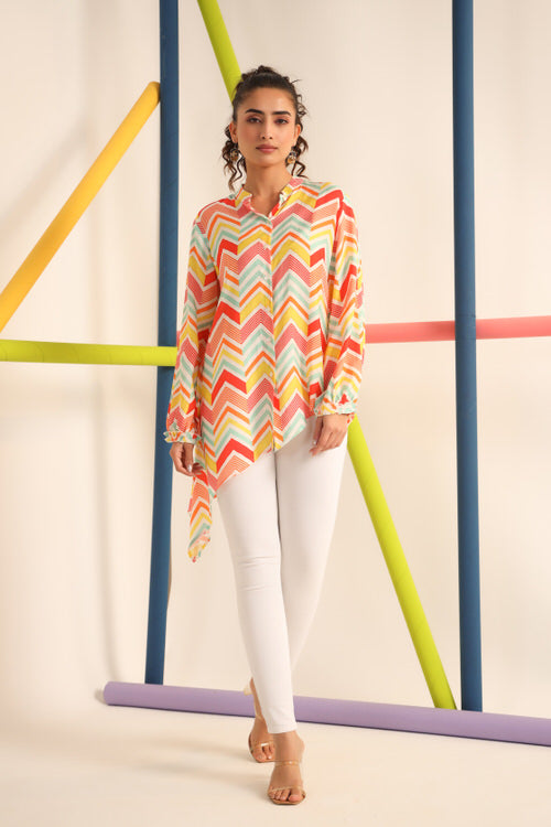 Bright Zigzag Asymmetrical Russsian Silk Top