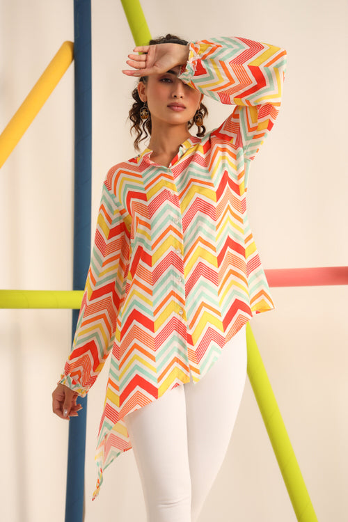 Bright Zigzag Asymmetrical Russsian Silk Top