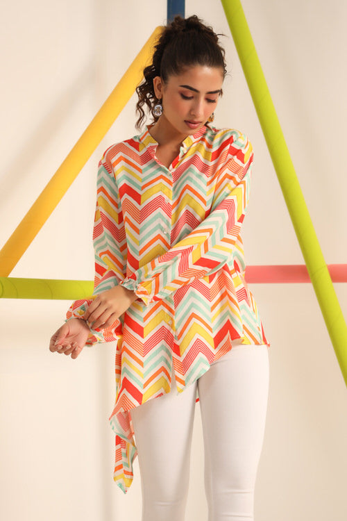 Bright Zigzag Asymmetrical Russsian Silk Top