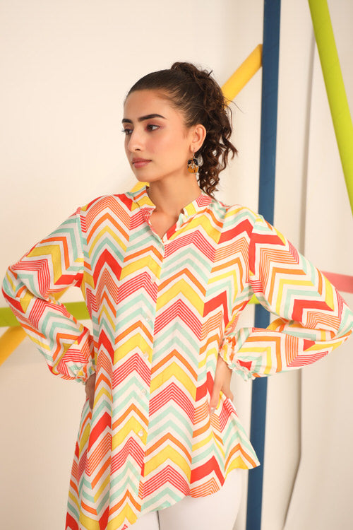 Bright Zigzag Asymmetrical Russsian Silk Top