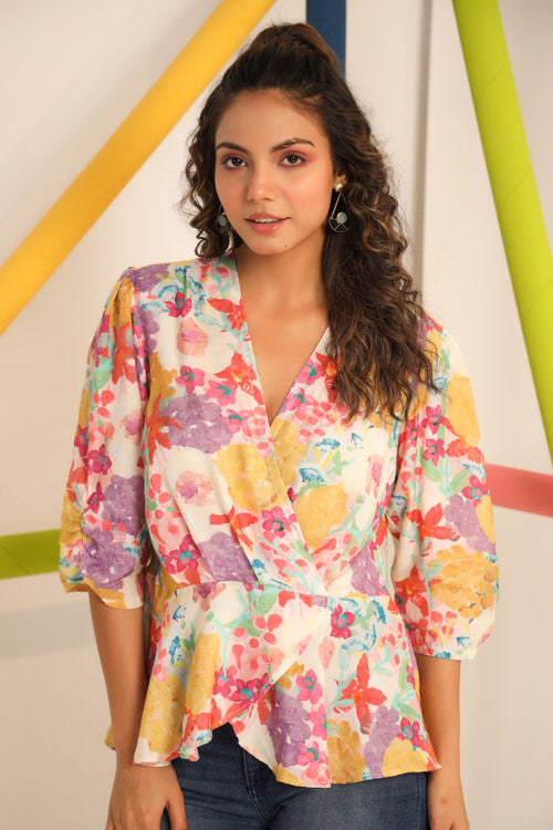 Floral Imprint on White Russian Silk Top