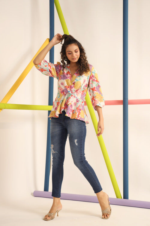 Floral Imprint on White Russian Silk Top