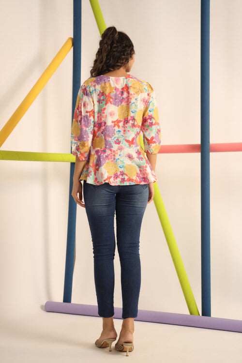 Floral Imprint on White Russian Silk Top