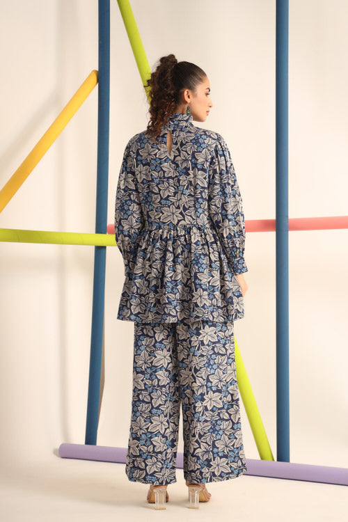 Palm Leaves On Blue Russian Silk Co-ord Set