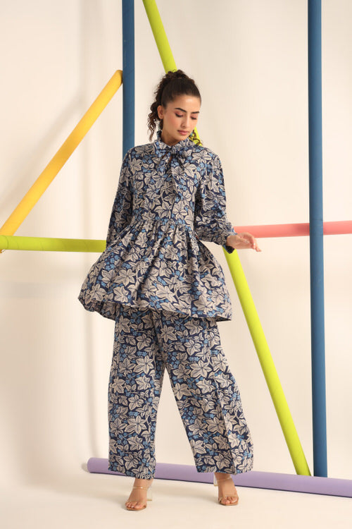 Palm Leaves On Blue Russian Silk Co-ord Set