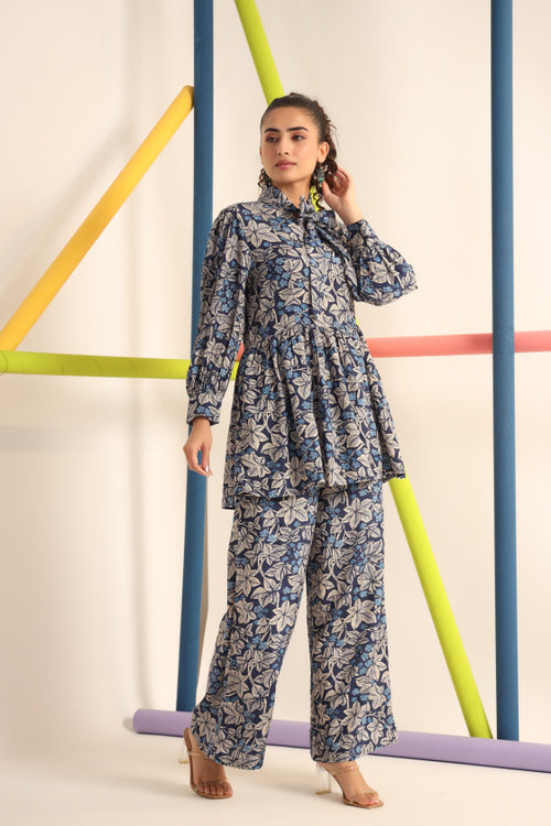 Palm Leaves On Blue Russian Silk Co-ord Set