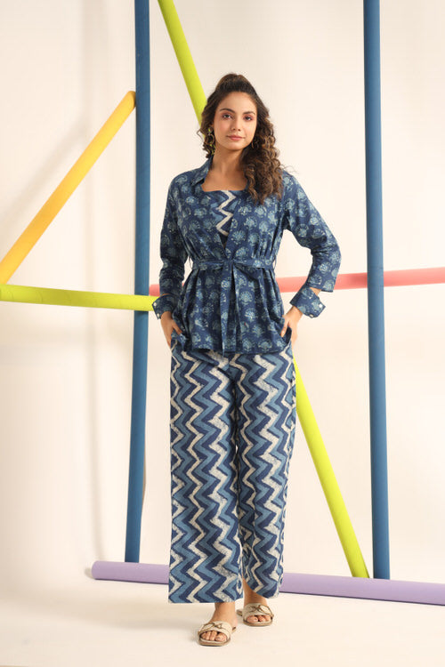 Daabu with Zigzag on Blue Cotton Three Piece Co-ord Set