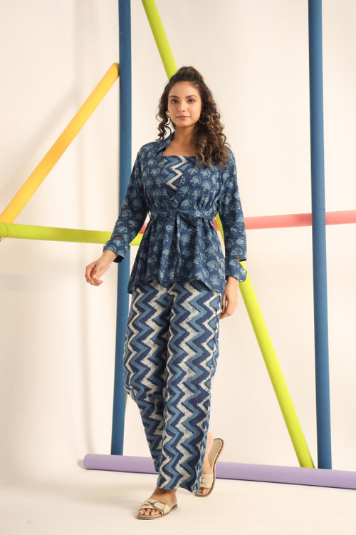Daabu with Zigzag on Blue Cotton Three Piece Co-ord Set