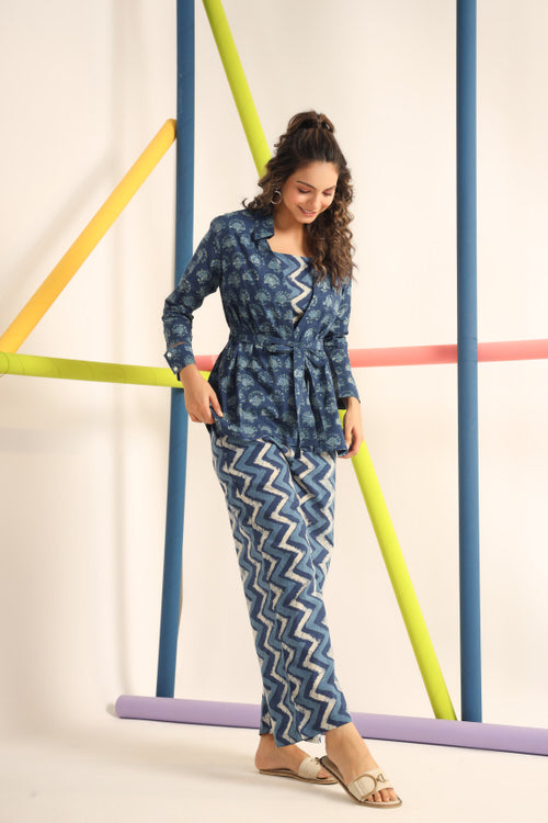 Daabu with Zigzag on Blue Cotton Three Piece Co-ord Set