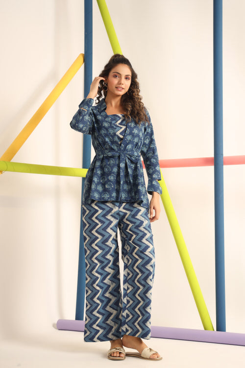 Daabu with Zigzag on Blue Cotton Three Piece Co-ord Set