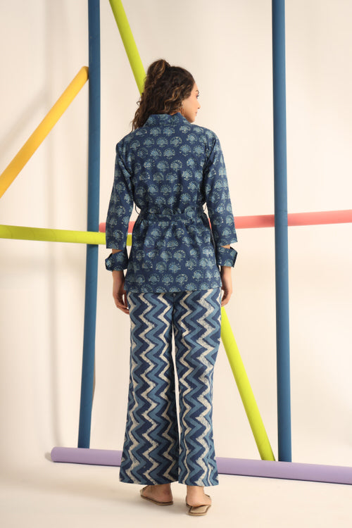Daabu with Zigzag on Blue Cotton Three Piece Co-ord Set