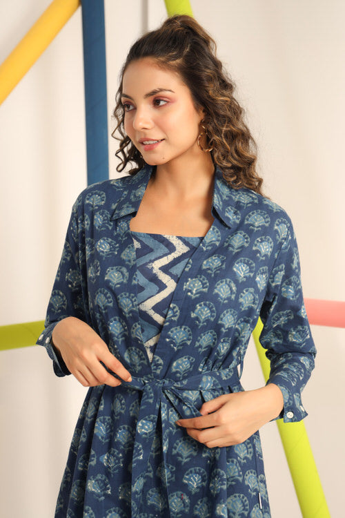 Daabu with Zigzag on Blue Cotton Three Piece Co-ord Set