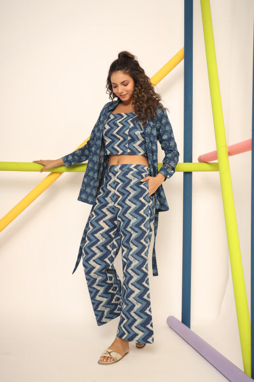 Daabu with Zigzag on Blue Cotton Three Piece Co-ord Set