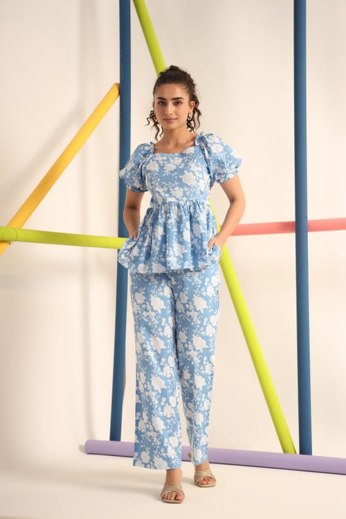 White roses on Light Blue Cotton Co-ord Set