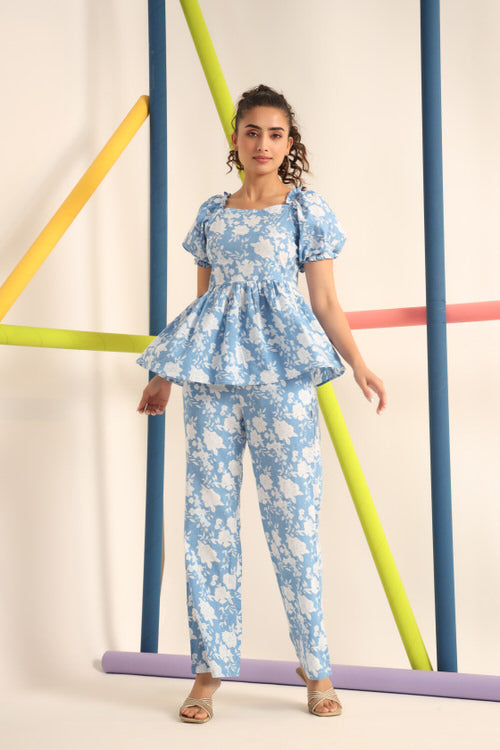 White roses on Light Blue Cotton Co-ord Set