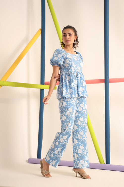 White roses on Light Blue Cotton Co-ord Set