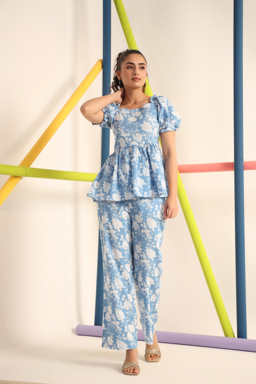White roses on Light Blue Cotton Co-ord Set