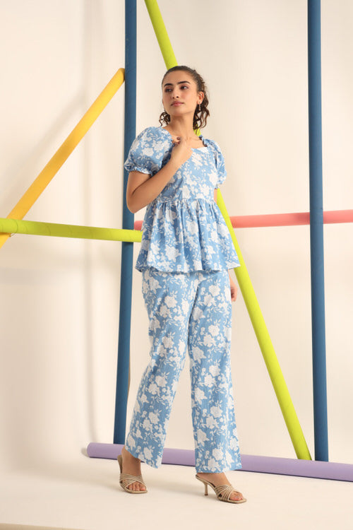 White roses on Light Blue Cotton Co-ord Set
