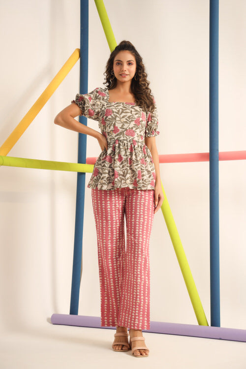 Carnation with Abstract Pink Cotton Co-ord set