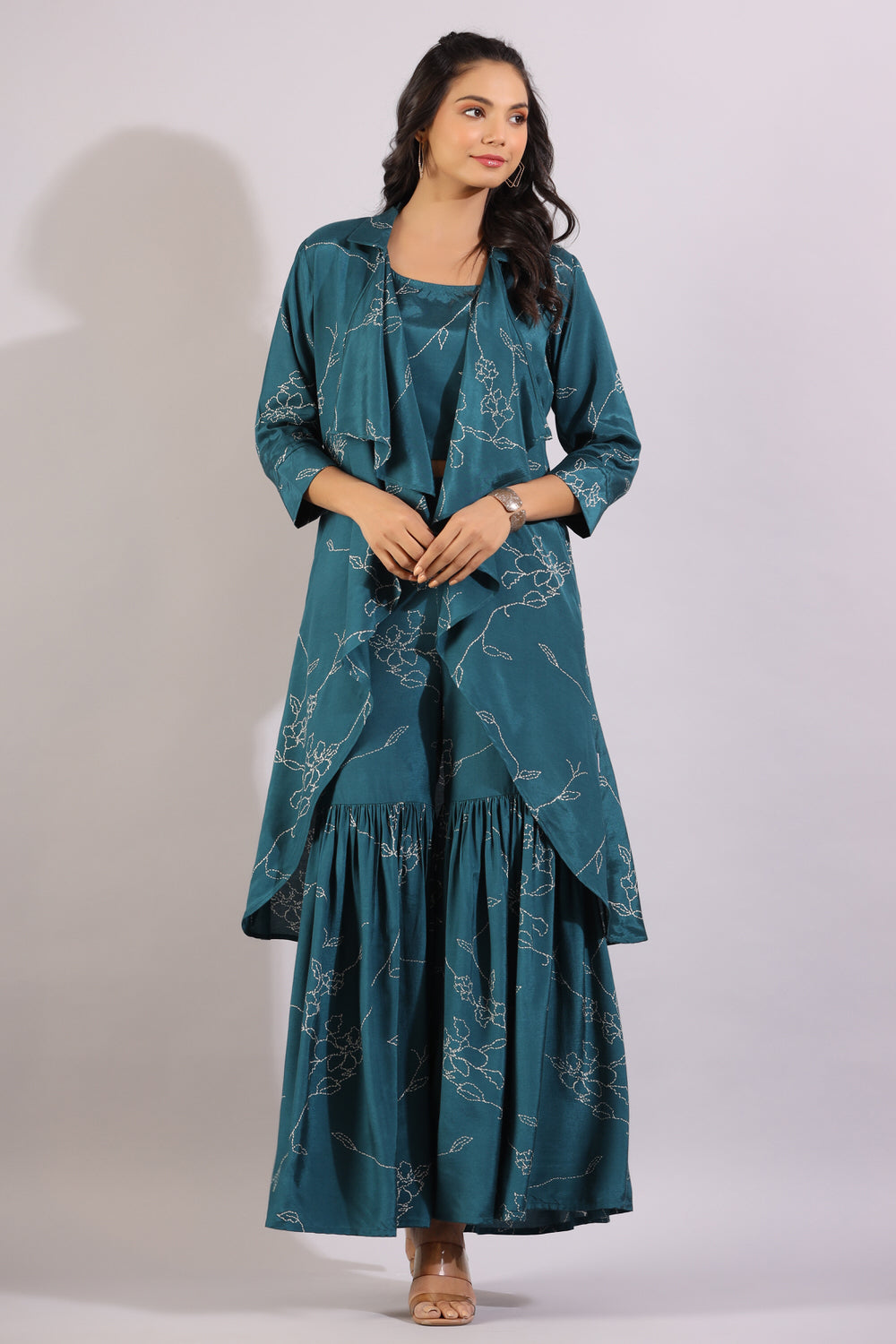 Floral Dots on Emerald Green Three Piece Silk Co-ord Set