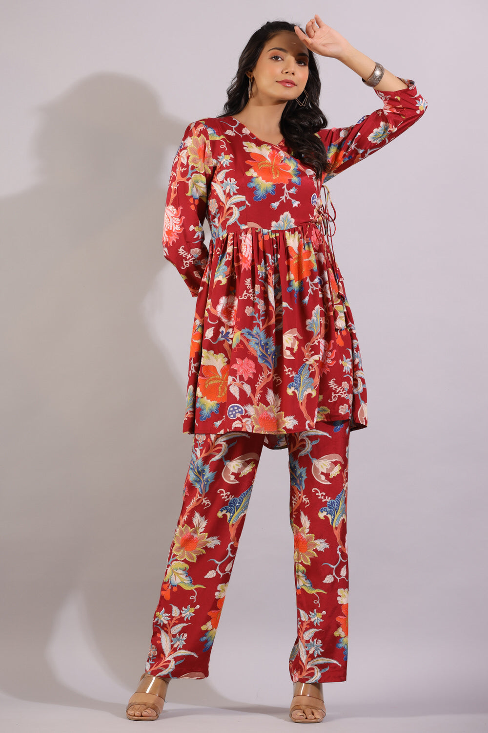 Floral Jaal on Angrakha Russian Silk Co-ord Set